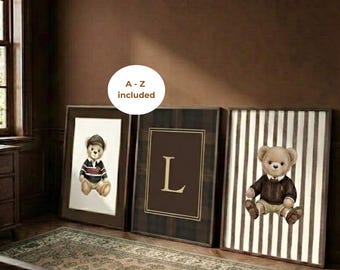 Brown Polo Ralph Lauren Inspired Posters: Teddy Bear Art, Boy Nursery Decor, Custom Initials Print, Vintage Prints, Neutral Bedroom Poster