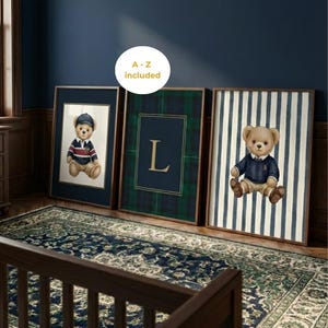 Ralph Lauren Inspired Set Of 3 Poster: Boy Nursery Decor, Classic Custom Initials Print & Teddy Bear Art, Polo Bear Vintage Playroom Prints