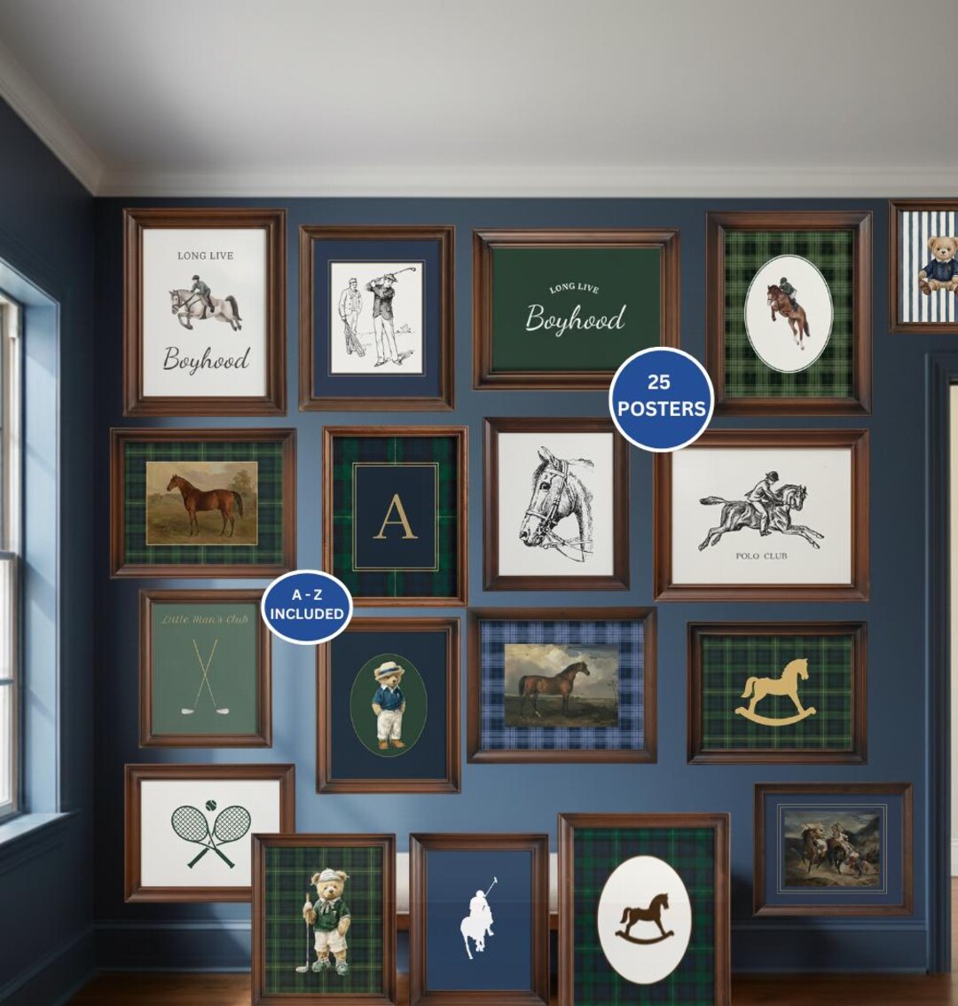 Blue & Green Preppy Nursery Prints | 25-piece Ralph Lauren Inspired Boy ...