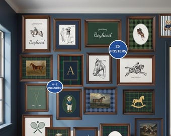 May include: A collection of framed posters with a preppy theme, featuring equestrian, golf, and teddy bear illustrations. The frames are dark wood, and the posters include text such as "Long Live Boyhood" and "Polo Club".
