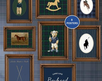 May include: Eight framed posters with various illustrations. The images include a teddy bear, a rocking horse, a horse, a polo player, and text that reads "Little Man's Club" and "Long Live Boyhood". The frames are brown.