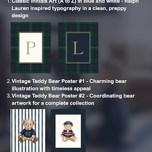 Ralph Lauren Inspired Set Of 3 Poster: Boy Nursery Decor, Classic Custom Initials Print & Teddy Bear Art, Polo Bear Vintage Playroom Prints image 5