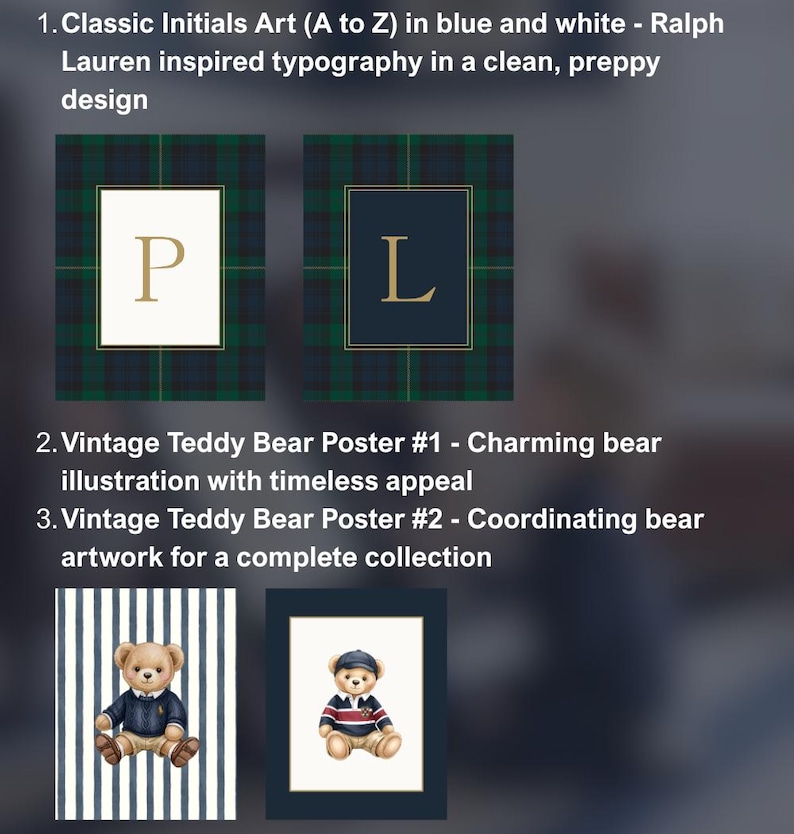 Ralph Lauren Inspired Set Of 3 Poster: Boy Nursery Decor, Classic Custom Initials Print & Teddy Bear Art, Polo Bear Vintage Playroom Prints image 5