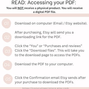 May include: A beige and white infographic with instructions on how to access a digital PDF file after purchase. The text includes steps for downloading the file from Etsy and the website address cozycutieprintsco.etsy.com.