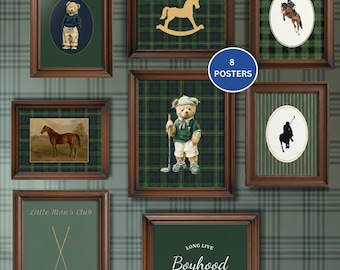 May include: Eight framed posters with a preppy theme. The posters feature images of a teddy bear, a rocking horse, a horse, and golf-themed images. The frames are dark brown, and the backgrounds vary between plaid and solid colors. The text "Little Man's Club" and "Long Live Boyhood" are visible.