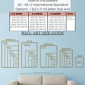 May include: A wall art size guide with various poster sizes and ratios, including 4:5, 3:4, 2:3, and 11x14 inches. The guide also lists international standard sizes (A1-A5) and 8.5 x 11 US letter size options. A sofa is shown below the guide.