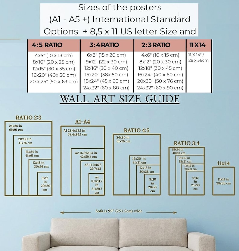 May include: A wall art size guide with various poster sizes and ratios, including 4:5, 3:4, 2:3, and 11x14 inches. The guide also lists international standard sizes (A1-A5) and 8.5 x 11 US letter size options. A sofa is shown below the guide.