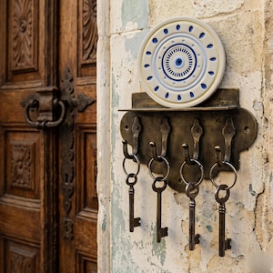 May include: A brass wall-mounted key rack with four hooks, each holding a vintage-style metal key. Above the hooks sits a circular ceramic decorative plate featuring a blue and white concentric eye pattern with a central dot.