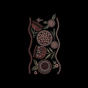 Può includere: Motivo floreale ricamato su sfondo nero. Il design presenta fiori stilizzati nei toni del rosa, beige e verde, con dettagli intricati. Un bordo di perline e accenti di foglie completano il motivo.