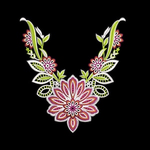 May include: A floral embroidery design in a V-shape, featuring a large central flower and smaller flowers along the sides. The design incorporates shades of pink, orange, white, green, and purple, set against a black background. The leaves have a detailed, openwork pattern.