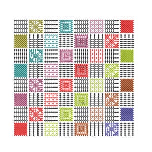 Könnte beinhalten: Ein farbenfrohes Kreuzstichmuster mit einem Raster aus Quadraten in verschiedenen Farben, darunter Rot, Grün, Blau und Lila. Jedes Quadrat hat ein einzigartiges Stickdesign, das vor einem schwarz-weißen Rasterhintergrund angeordnet ist. Das Gesamtdesign ist eine lebendige Darstellung von Handarbeiten.