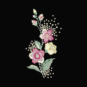 May include: An embroidered floral design featuring pink and yellow flowers, green leaves, and small white dots on a black background. The flowers have detailed stitching and a delicate appearance, creating a decorative element.