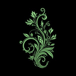 May include: An embroidery design featuring a vertical arrangement of light green floral motifs, swirling vines, and pointed leaves. The pattern is composed of dense stitching lines that create a textured, botanical illustration against a black background.