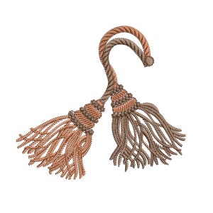 Pode incluir: Um pendão decorativo com um topo em forma de laço, apresentando dois feixes de corda castanha e bege. Os pendões têm uma aparência detalhada e texturizada, com uma mistura de tons castanhos claros e escuros. O design é simétrico e isolado em fundo branco.