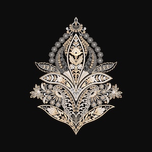 May include: A detailed, symmetrical floral design in gold and white against a black background. The ornate pattern features stylized leaves, flowers, and swirling details, creating a luxurious and elegant aesthetic. The design is centered and fills the frame.
