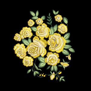 May include: Embroidered floral design featuring yellow roses and green leaves on a black background. The detailed embroidery showcases the texture and form of the flowers, creating a classic and elegant aesthetic. Ideal for fabric or craft projects.