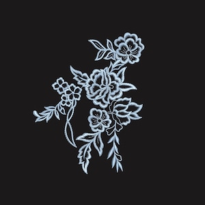 May include: A light blue floral embroidery design on a black backdrop. The design features several flowers, leaves, and stems, creating a delicate and intricate pattern. The embroidery is likely for fabric embellishment.