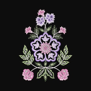 May include: Embroidered floral design featuring a central large flower in shades of purple and pink, surrounded by smaller flowers and leaves. The design is set against a black background, creating a striking contrast. The leaves are green with white outlines.