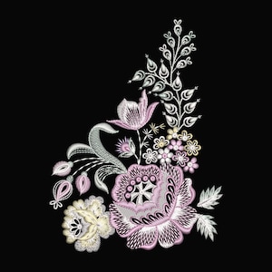 May include: An embroidered floral design featuring a large, detailed pink and white flower, smaller yellow and pink blossoms, and delicate foliage. The design is set against a solid black background, creating a striking contrast.