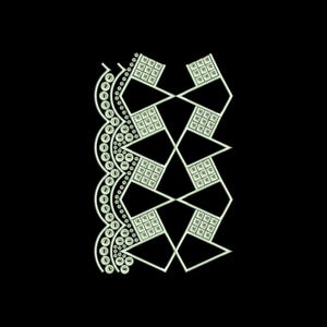 Peut inclure: Motif de broderie numérique avec un motif géométrique de carrés et de losanges. Le motif est vert clair sur fond noir. Une bordure décorative avec des cercles est incluse. Idéal pour le tissu.