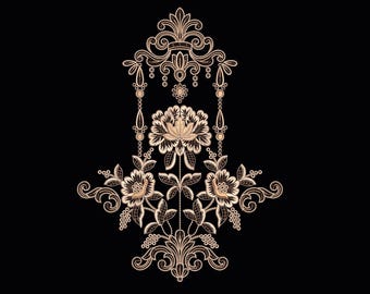 Beige Floral Embroidery Design, Vintage Baroque Lace Pattern, Luxury Neckline Kurti Dress Embroidery File, Bridal Machine Embroidery