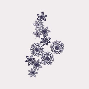 May include: A cluster of dark blue embroidered floral designs on a light gray background. The flowers vary in size and style, with detailed stitching creating intricate patterns. The arrangement is suitable for fabric embellishment.