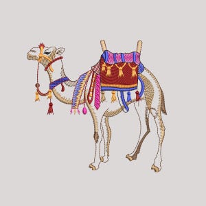 Puede incluir: Un camello bordado con una silla de montar y brida ornamentadas y coloridas. El camello es de color beige con costuras detalladas, adornado con detalles rojos, azules, rosas y dorados. La silla de montar presenta borlas y un patrón decorativo, sugiriendo un tema oriental.
