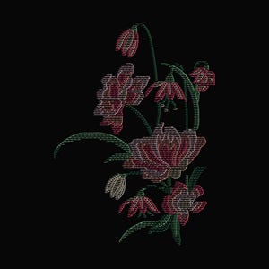 May include: A digital illustration of stylized flowers in shades of red, pink, and green against a black background. The floral design features detailed line work, creating a textured appearance. The image showcases a botanical theme.