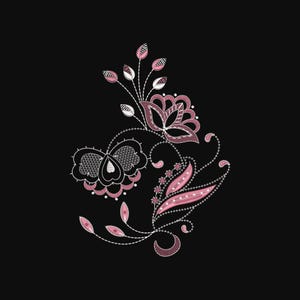May include: An embroidery design featuring a stylised floral motif with dusty pink and white thread on a black background. The pattern includes intricate petals, curved stems, and small leaves outlined with white stitching and filled with pink.