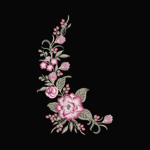 May include: An embroidered floral design featuring a large, multi-petaled pink flower with a white center, surrounded by smaller pink buds and green leaves. The design is set against a black background, with gold-colored stems and accents.