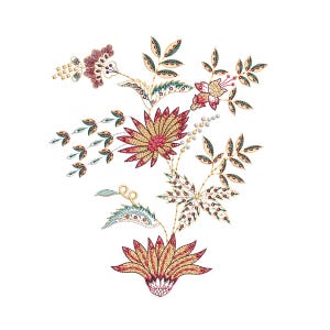 Puede incluir: Diseño floral bordado con flores y hojas rojas, amarillas y verdes. El diseño presenta detalles intrincados y una estética vintage.