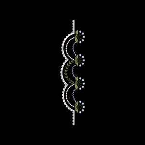 May include: An ornate, vertical design against a black background. The design features a white, scalloped edge with a series of white pearl-like dots. Green leaves and small white flower clusters are interspersed along the design, creating a delicate, floral pattern.