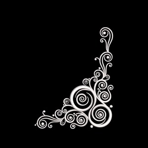 May include: A white corner decorative element featuring intricate swirling patterns and filigree designs. The graphic consists of multiple interconnected spirals and curved lines that extend outward from a central point, creating a symmetrical corner border.