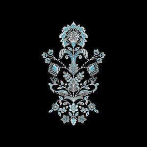 May include: An ornate floral design in shades of teal, white, and silver against a black background. The symmetrical pattern features stylized flowers, leaves, and intricate detailing, creating a delicate and elegant aesthetic.
