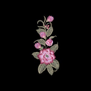 May include: Embroidered floral design featuring a large, open pink flower with intricate detailing, surrounded by smaller buds and leaves. The leaves have a gold outline, and the background is black. The design is likely for fabric embellishment.