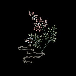 Könnte beinhalten: Gesticktes Blumendesign auf schwarzem Hintergrund. Das Design zeigt einen Zweig mit grünen Blättern und Clustern aus rosa und weißen kreisförmigen Blütenknospen. Darunter eine stilisierte, cremefarbene Wellenlinie.