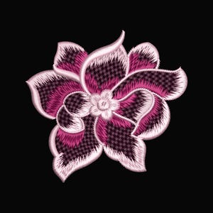 May include: Embroidered flower design with a black background. The flower features shades of pink and white, with a detailed, textured pattern. The petals have a checkered pattern in the center, with white outlining.