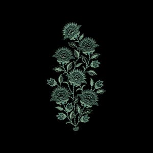 May include: A detailed floral design in a teal color, set against a black background. The design features multiple flowers with intricate patterns and leaves, creating a symmetrical and elegant composition. The artwork is likely suitable for fabric or surface design.