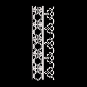 May include: Two white decorative border designs on a black background. One border features a geometric pattern of hexagons and floral elements. The other is a flowing, scroll-like design, ideal for embellishments.