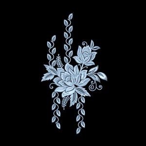 May include: A detailed, light blue floral embroidery design against a black background. The design features a large, open flower surrounded by leaves, smaller flowers, and trailing vines. The intricate stitching creates a textured, three-dimensional effect, perfect for fabric embellishment.