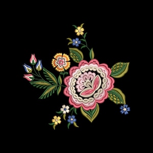 May include: A floral embroidery design featuring a large central pink flower with layered petals, surrounded by smaller yellow and blue blossoms, pink buds, and green leaves, all arranged in a cluster against a solid black background.
