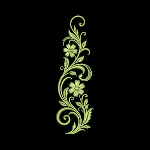May include: An embroidery design featuring a vertical arrangement of light green floral motifs. The pattern consists of two stylised flowers with pointed petals, surrounded by swirling vines, curved stems, and pointed leaves on a black background.