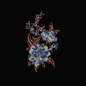 May include: Embroidered floral design with blue and gold flowers, berries, and leaves on a black backdrop. The embroidery displays detailed stitching with a variety of colours, creating a textured and visually appealing pattern. Suitable for fabric embellishment or decorative projects.