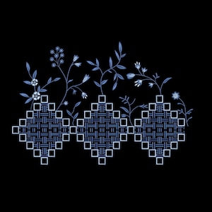 Puede incluir: Ilustración digital con un diseño floral con flores y hojas azules y blancas. Las flores y hojas están dispuestas sobre una serie de tres patrones en forma de diamante hechos de cuadrados tejidos, todo sobre un fondo negro.