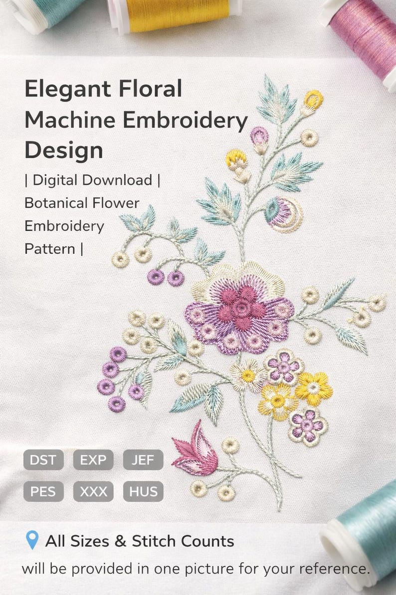 Elegant Floral Embroidery Design | Botanical Machine Pattern (digital ...