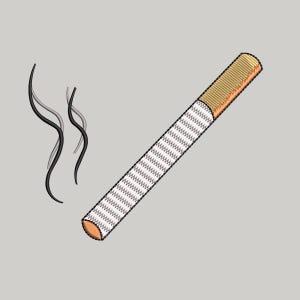 May include: An illustration of a lit cigarette with smoke rising. The cigarette is white with a zig-zag pattern and a brown filter. The smoke is black and gray, curling upwards against a gray background.