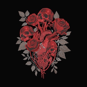 Puede incluir: Diseño bordado con un corazón rojo, rosas y calaveras sobre fondo negro. El corazón está detallado con venas, y las rosas y calaveras están intrincadamente cosidas. Hojas grises añaden contraste.