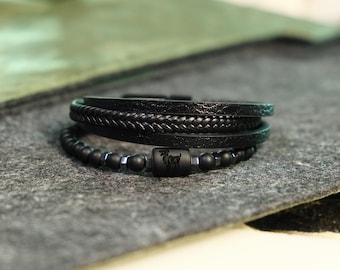 ARIES Zodiac Leather Bracelet | Multi-Strand Design | Onyx Beaded Construction | Personalized Astrological Sign | Men's Astrology Jewelry