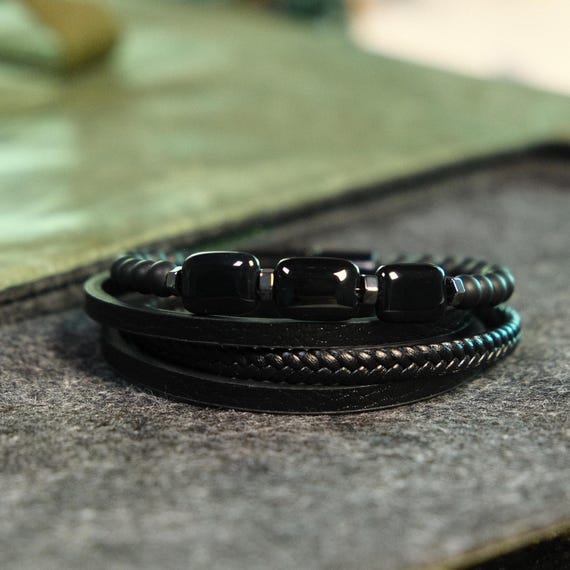 Black Obsidian Leather Bracelet | Multi-Layer Design | Metal Wire Construction | Magnetic Clasp | Protection Stone | Men's Spiritual Jewelry