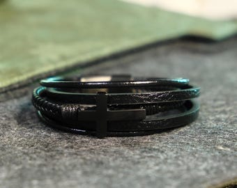 Stainless Steel Cross Bracelet | Black Brushed Finish | Magnetic Clasp | Men's Christian Jewelry | Religious Gift
